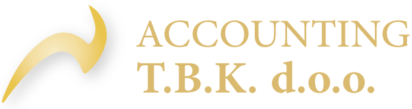 Logotip firme Acounting T.B.K., u zlatnoj boji je ispisano ime firme. sa lijeve strane dodan umjetnički znak 
